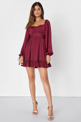 Vision of Charm Plum Purple Satin Long Sleeve Skater Mini Dress