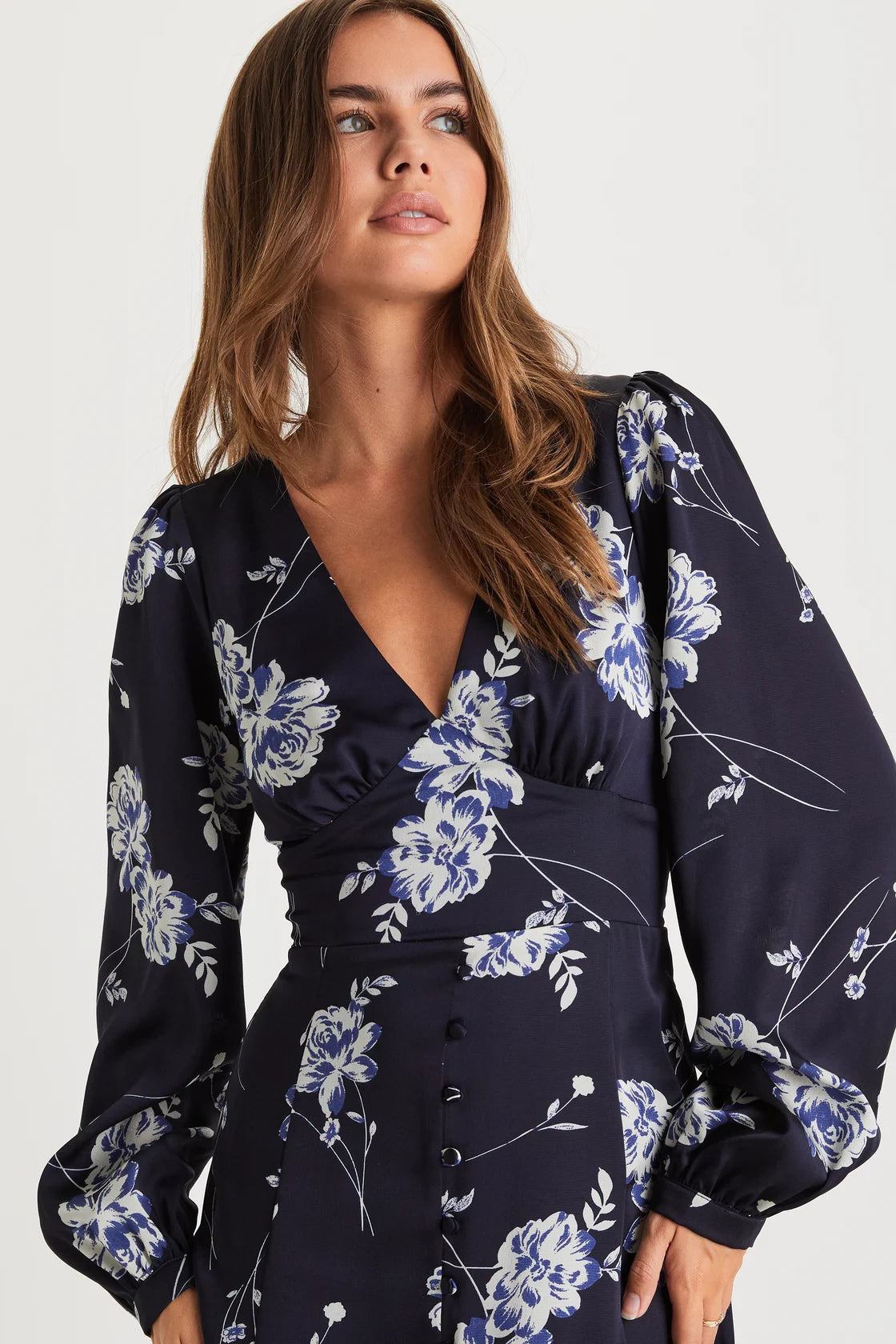Beautiful Details Navy Blue Floral Long Sleeve Midi Dress