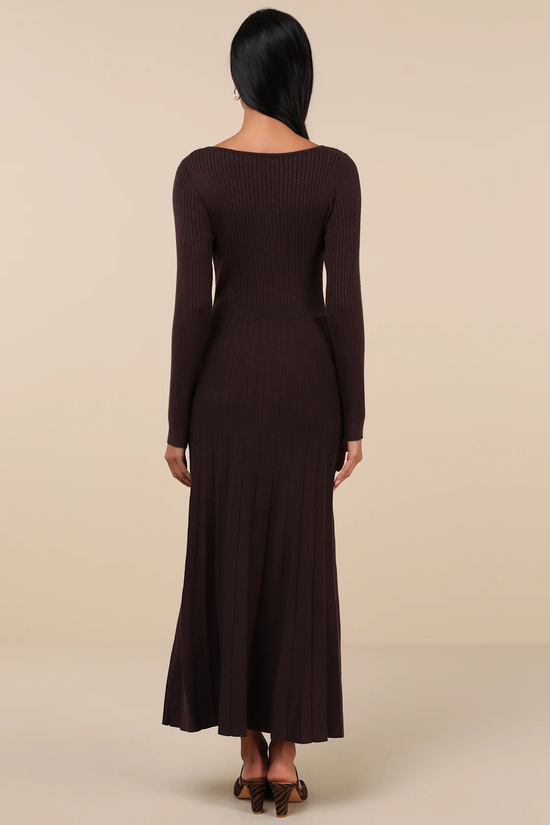 Snuggly Precision Brown Pleated Sweater Midi Dress