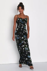 Chic Romantic Black Burnout Velvet Floral Cowl Neck Dress