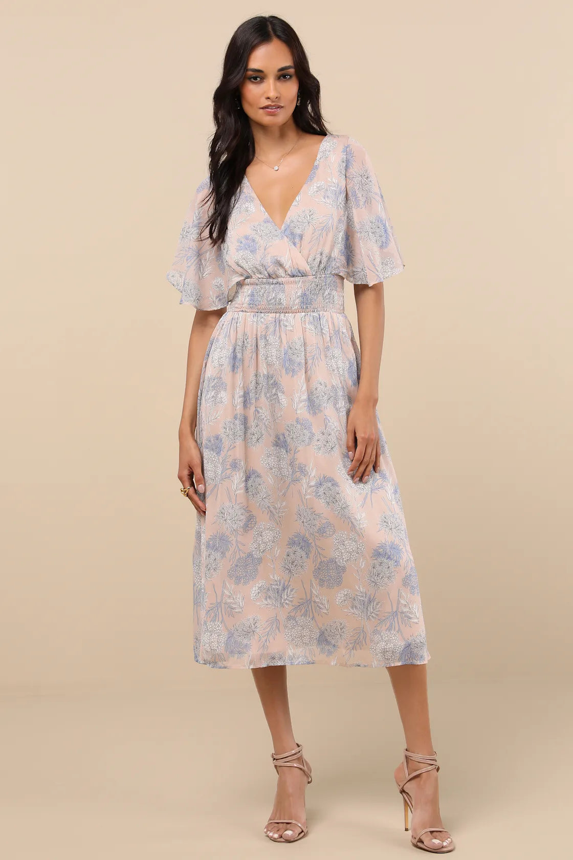 Subtle Romance Beige Floral Print Ruffled Midi Dress