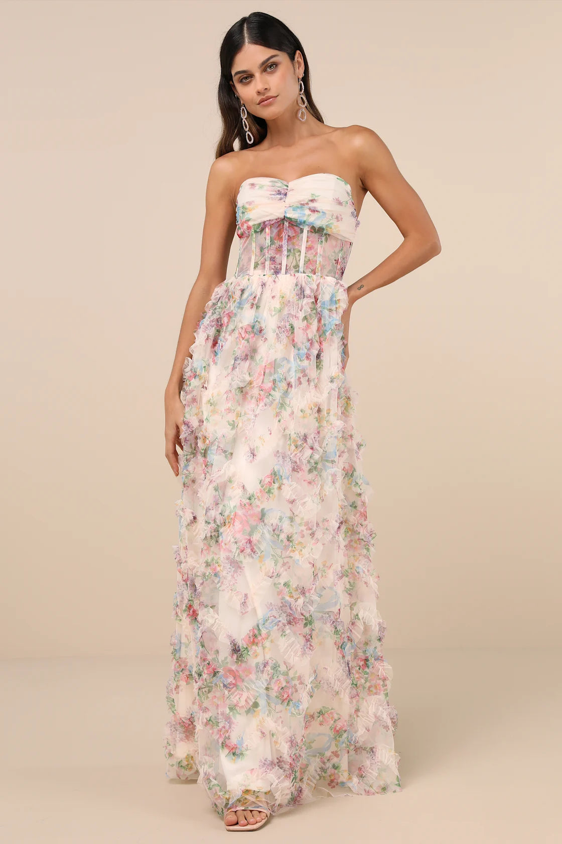 Stunning Element Pink Floral Mesh Ruffled Strapless Maxi Dress