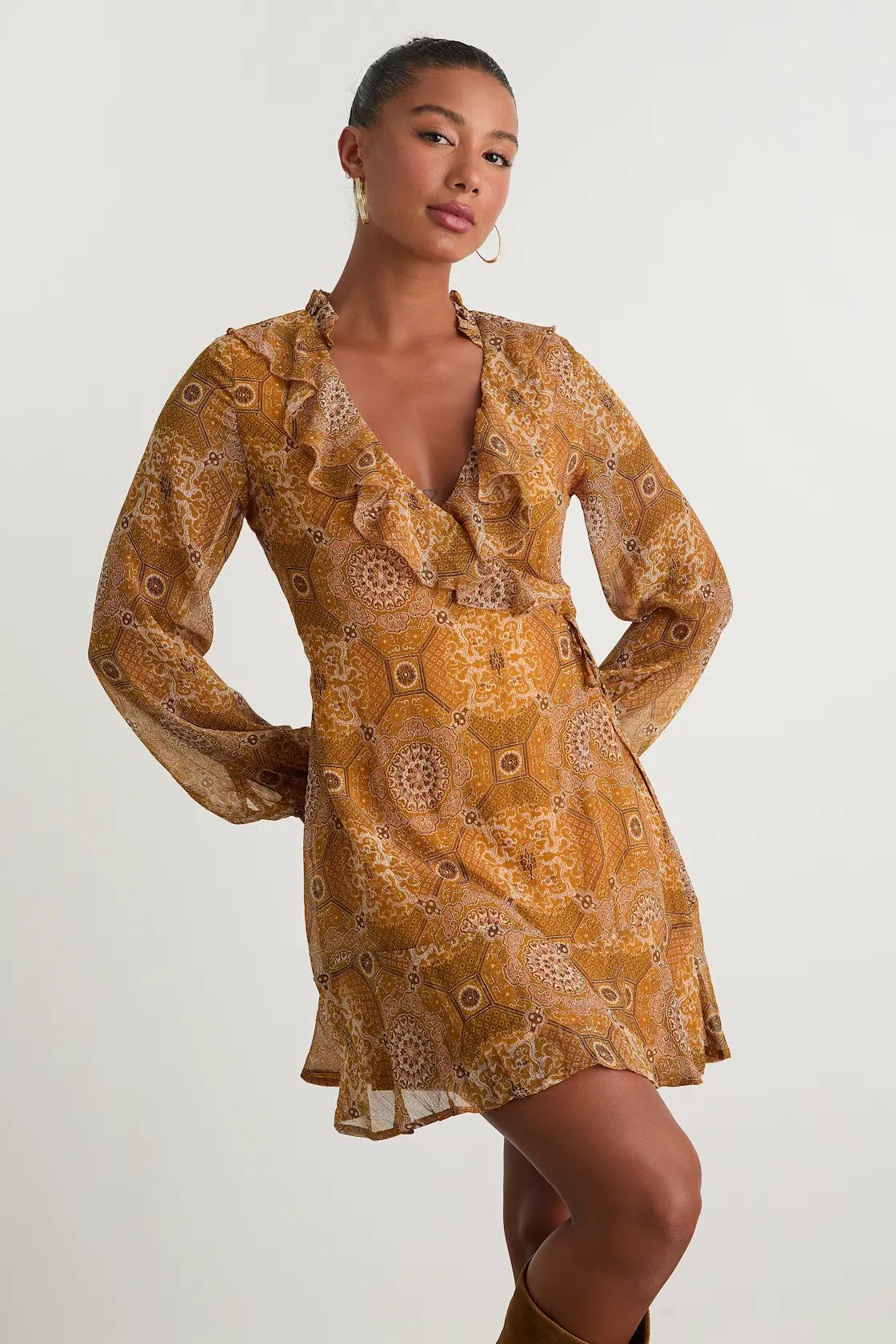 Claire Mustard Yellow Boho Print Wrap Mini Dress