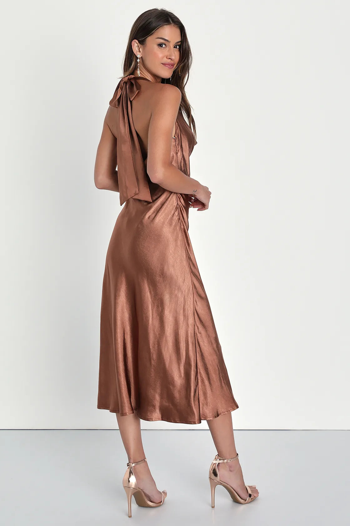 Sophisticated Impression Brown Satin Backless Cowl Midi Dress