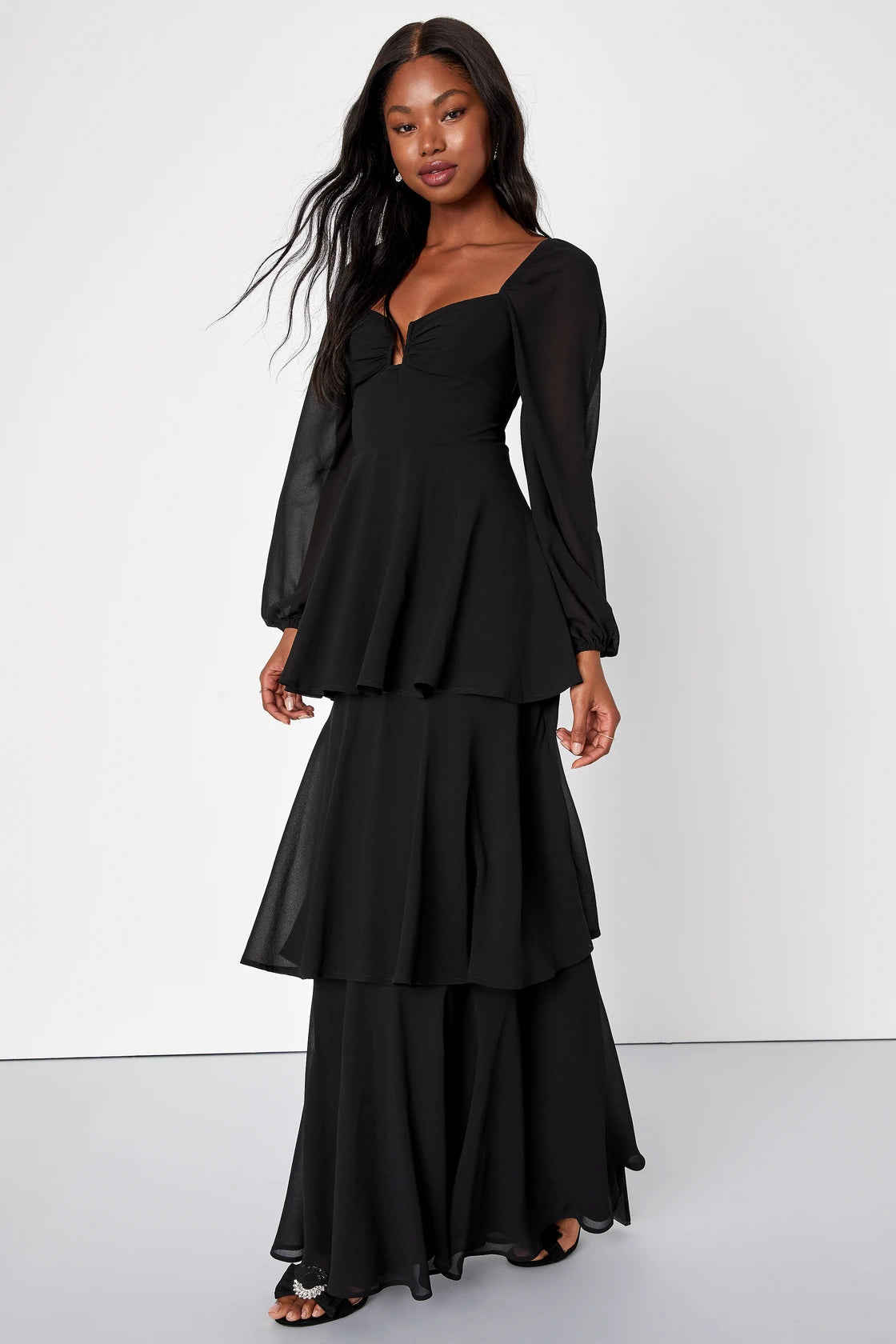 Tier to Enchant Black Long Sleeve Tiered Maxi Dress