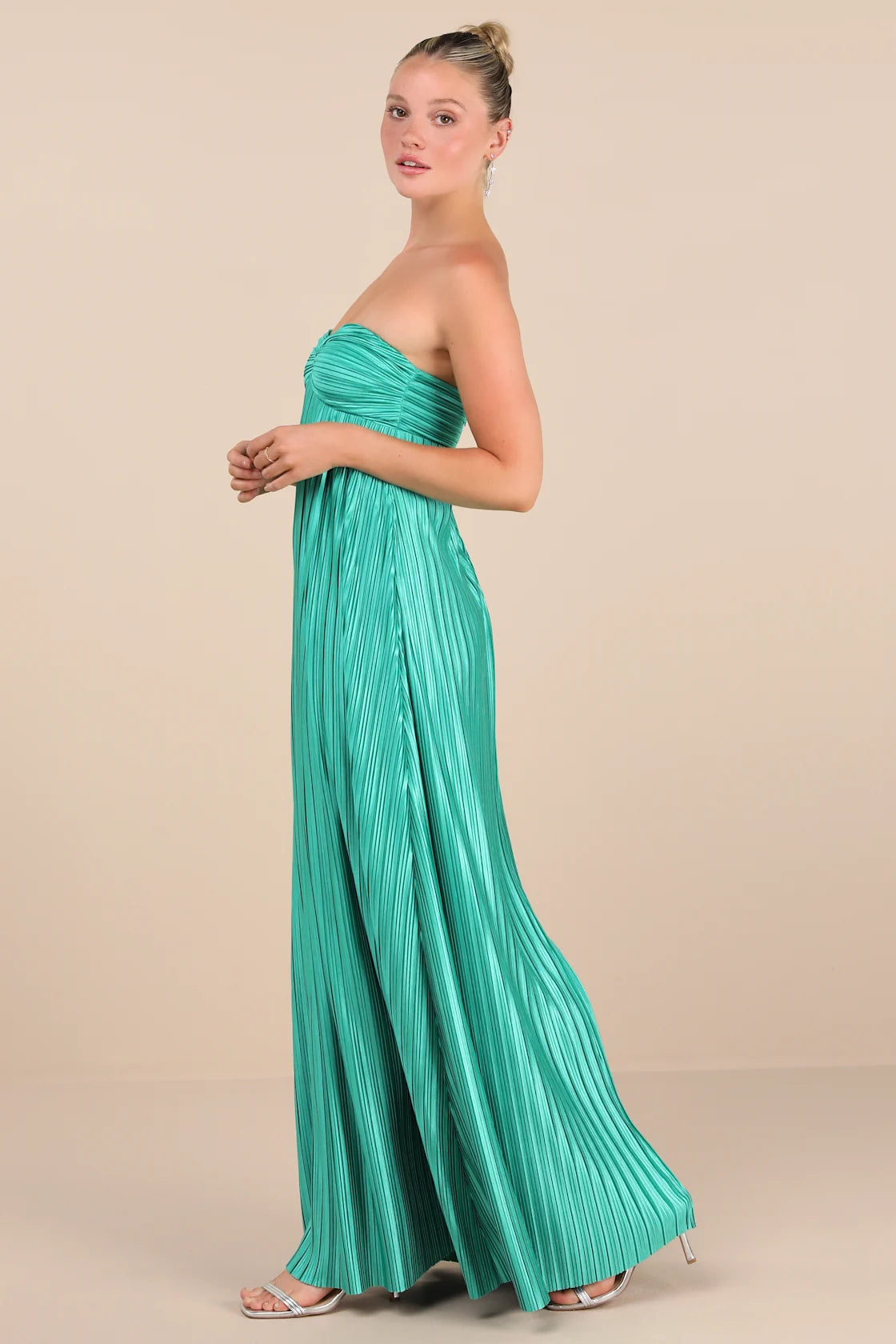 Whimsical Beauty Emerald Green Satin Plisse Strapless Maxi Dress
