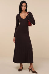 Snuggly Precision Brown Pleated Sweater Midi Dress