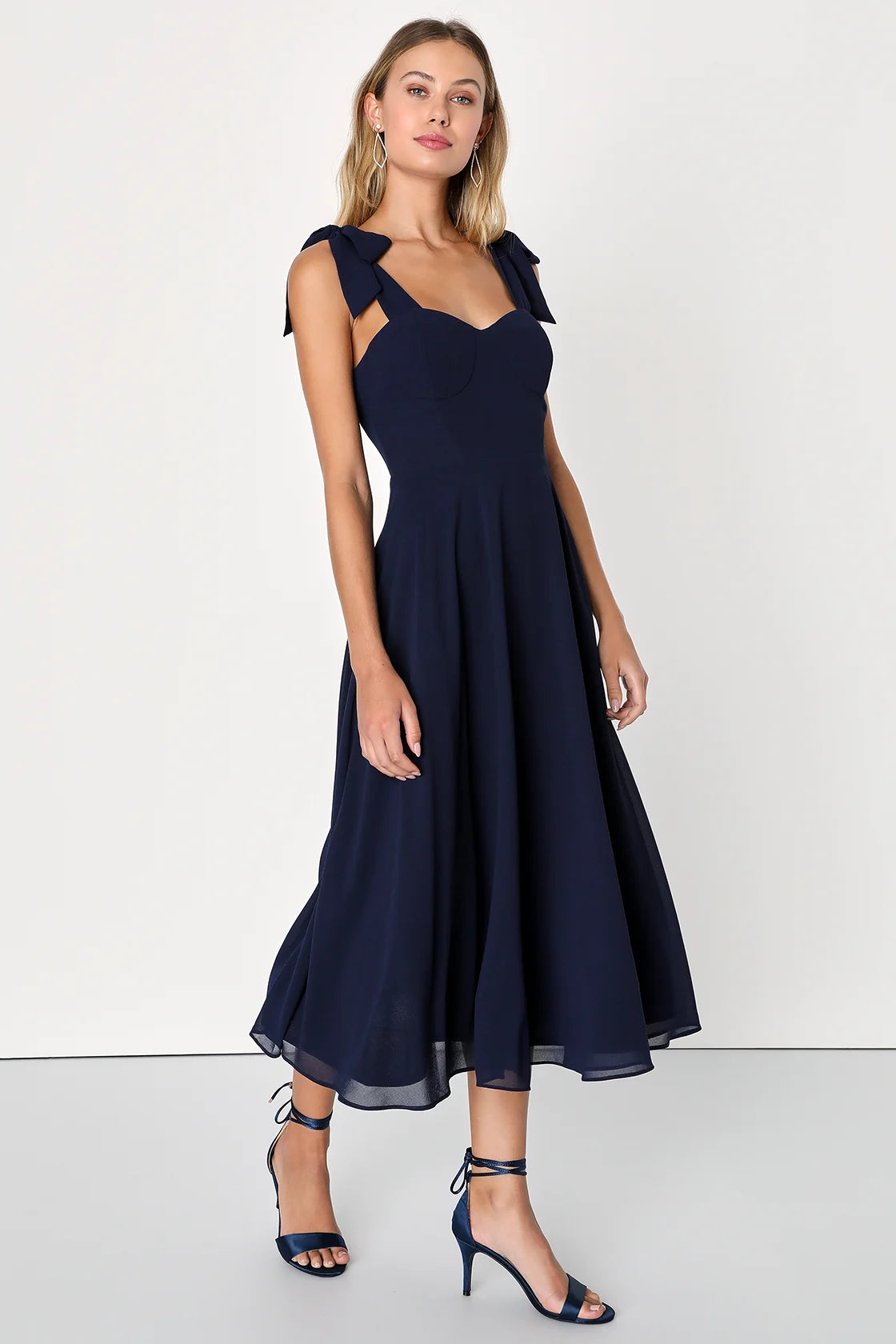 Sophisticated Charisma Navy Blue Tie-Strap A-Line Midi Dress