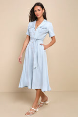 Pleasant Cutie Blue Chambray Collared Midi Dress With Pockets