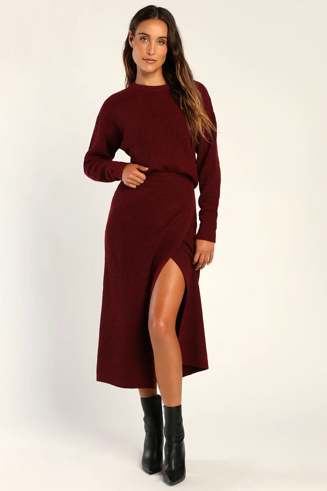 Autumn Sweetheart Burgundy Waffle Knit Two-Piece Sweater Dress