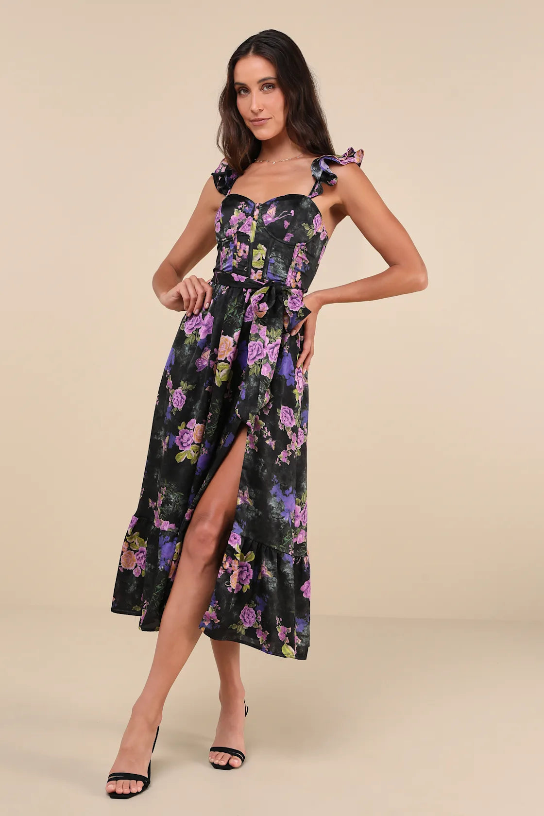 Sweet Like Sangria Purple Floral Ruffled Bustier Midi Dress