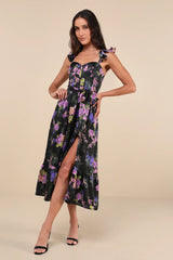 Sweet Like Sangria Purple Floral Ruffled Bustier Midi Dress