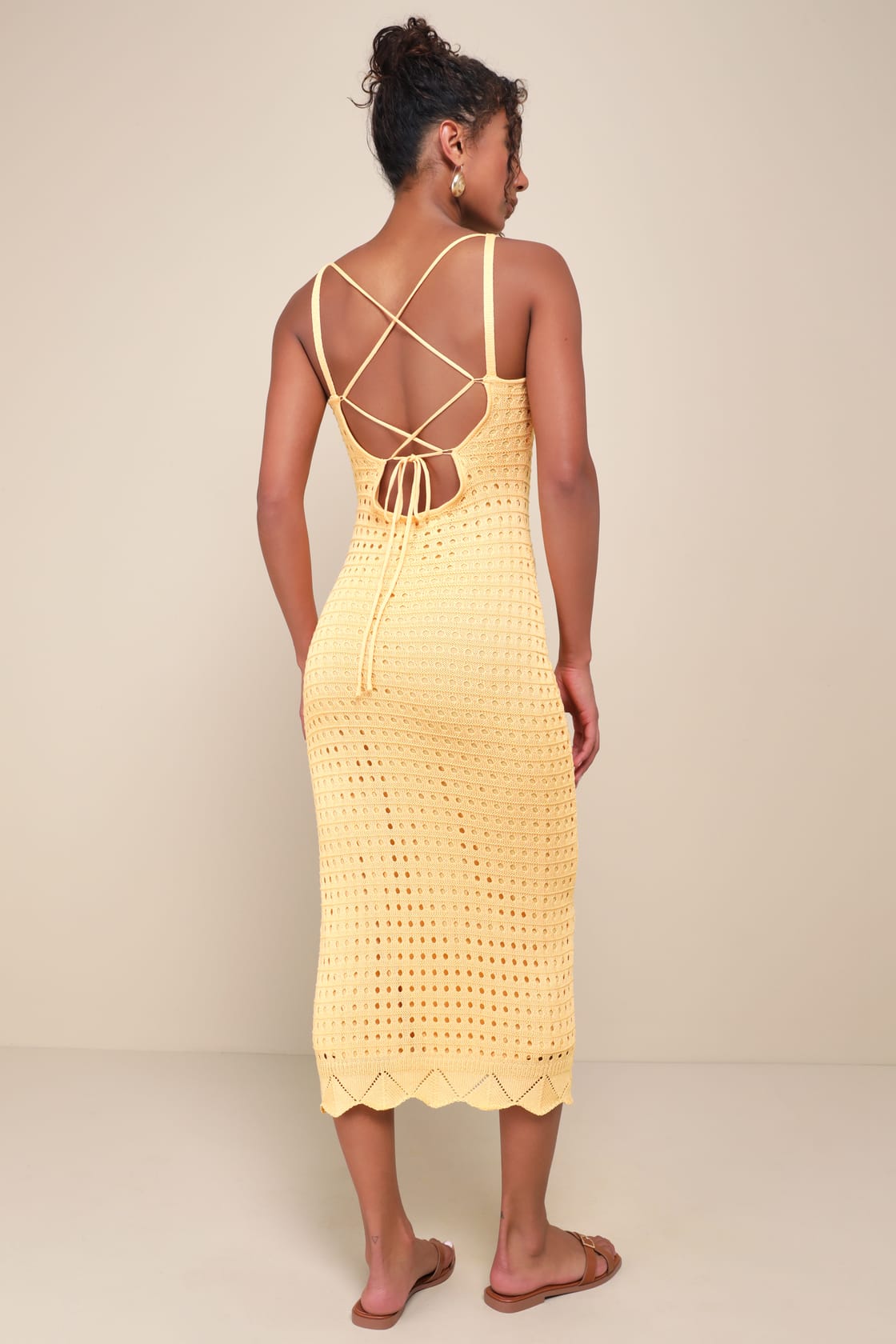 Ventura Vision Olive Green Crochet Lace-Up Midi Dress