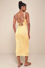 Ventura Vision Olive Green Crochet Lace-Up Midi Dress