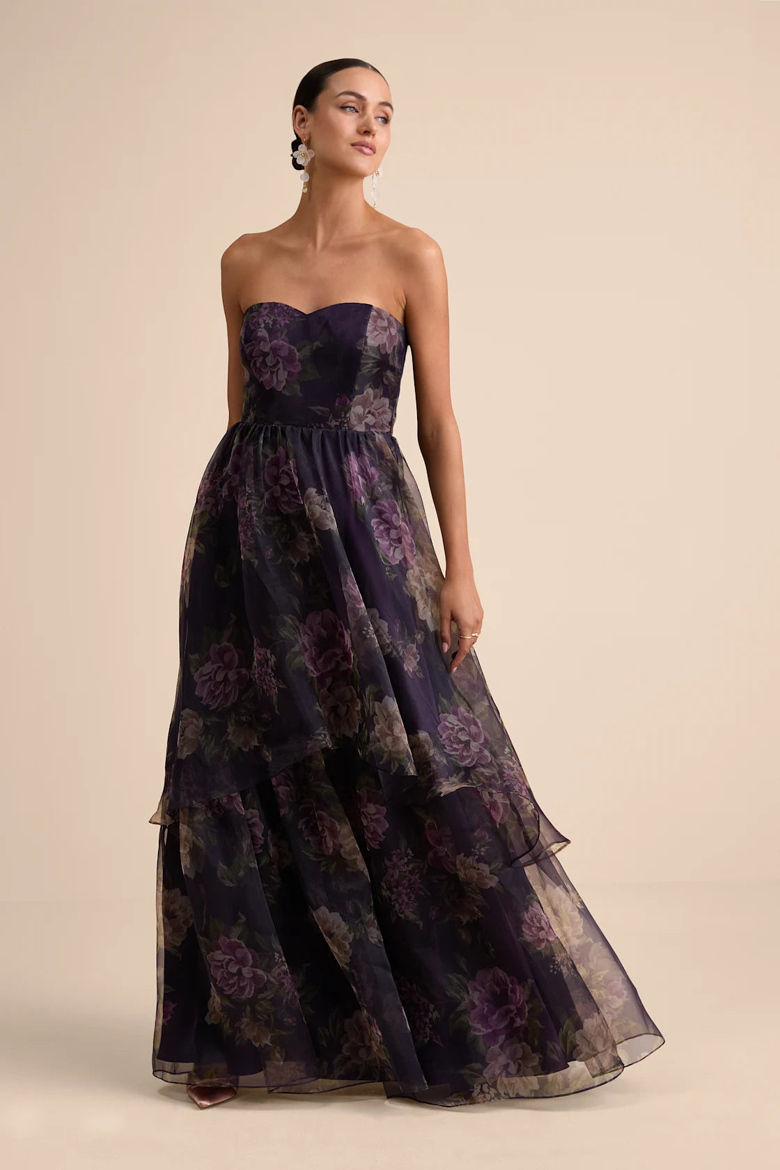 Truly Extraordinary Purple Floral Organza Strapless Maxi Dress