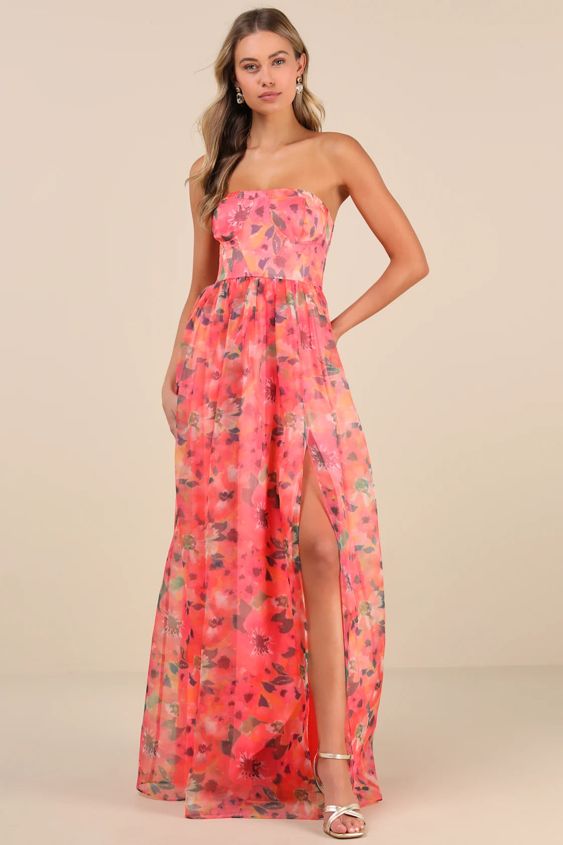 Wonderful Waltz Green Floral Print Strapless Bustier Maxi Dress
