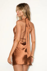 Zimri Bronze Satin Halter Mini Dress