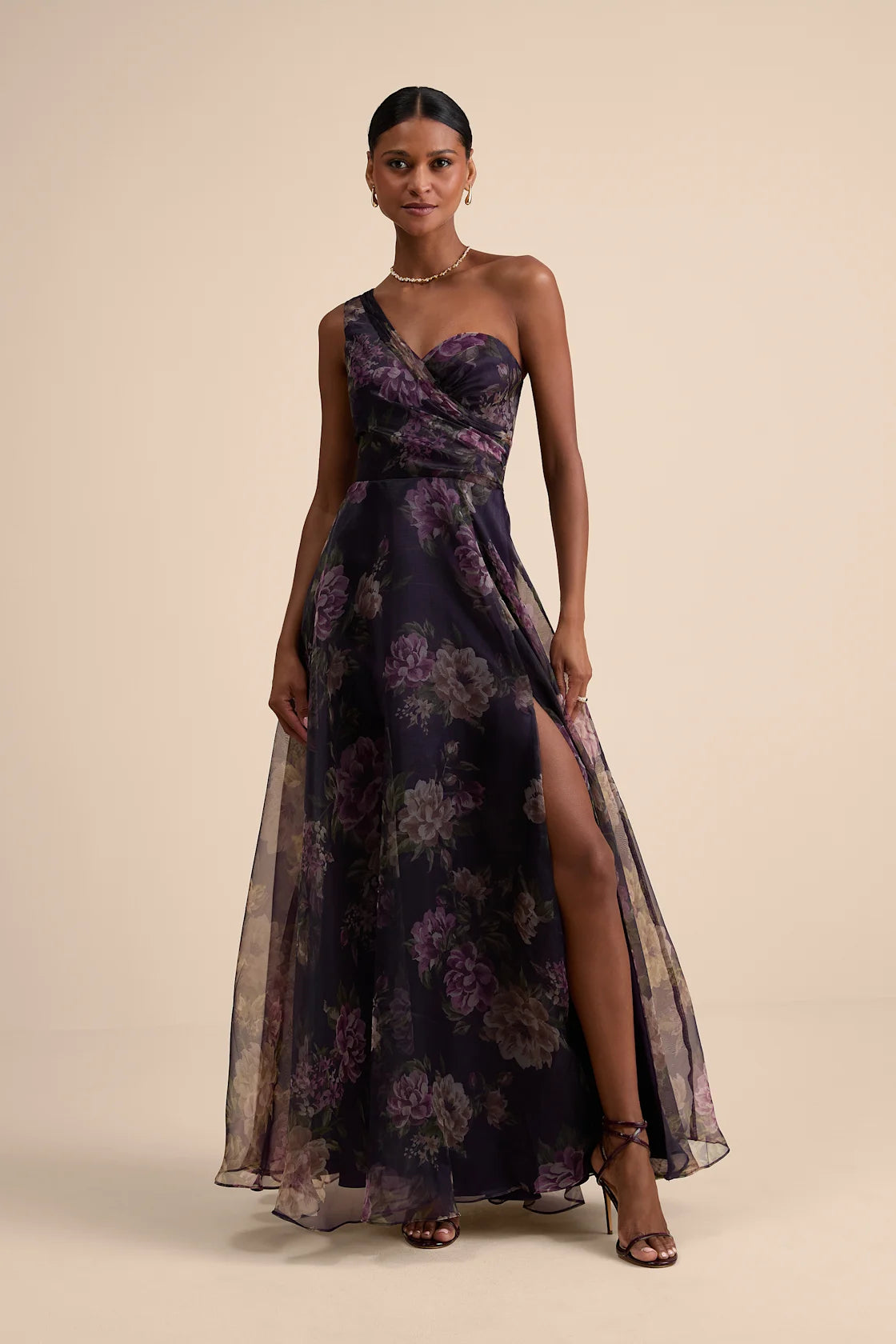 Truly Extraordinary Plum Floral Organza One-Shoulder Maxi Dress