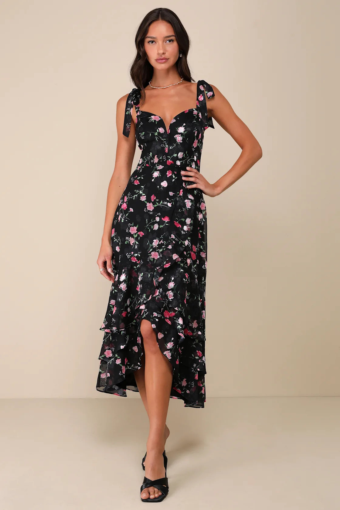 So Elevated Red Floral Jacquard Tie-Strap High-Low Midi Dress