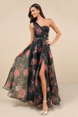 Truly Extraordinary Plum Floral Organza One-Shoulder Maxi Dress