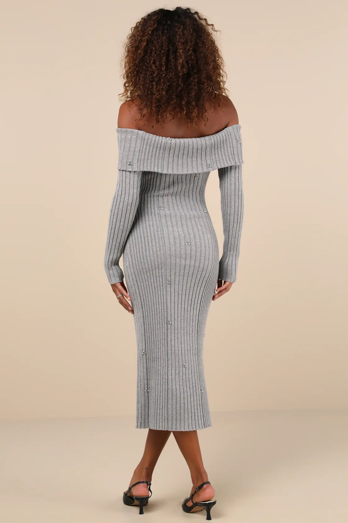 Dazzling Comfort Grey Rhinestone Off-the-Shoulder Sweater Dress