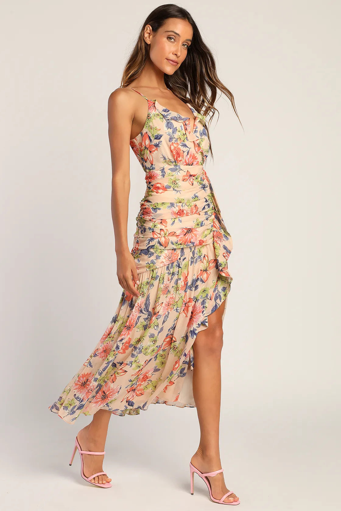 Stunning Soiree Blush Pink Floral Print Ruched Midi Dress