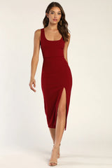 Sultry Elegance Wine Red Cutout Bodycon Midi Dress