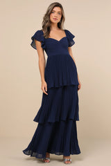 Notorious Charm Navy Blue Pleated Flutter Sleeve Maxi Dress