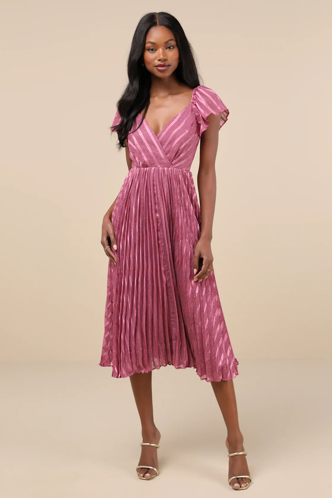 Standout Sophistication Mauve Lurex Flutter Sleeve Midi Dress