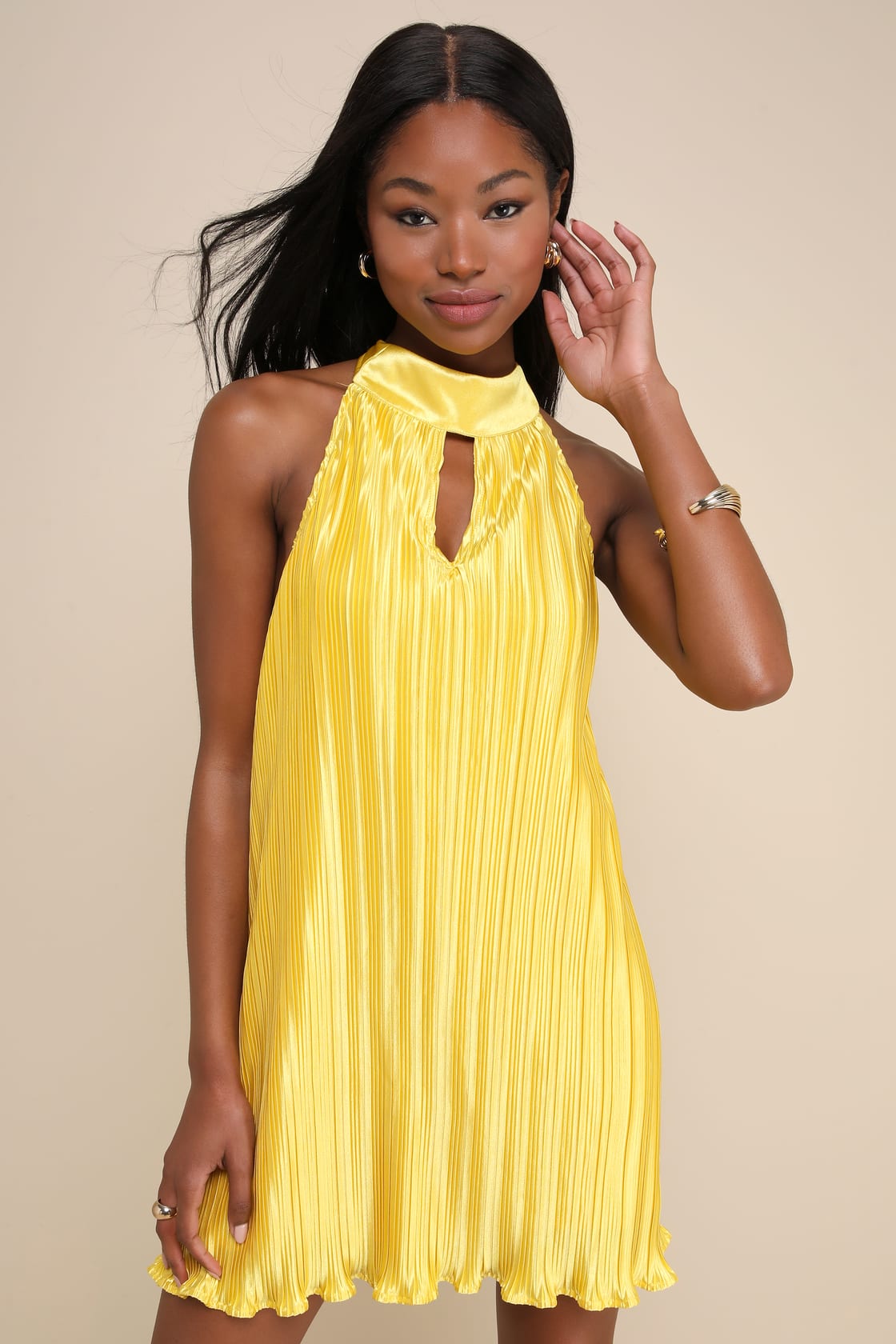Pretty Aura Yellow Satin Plisse Mock Neck Mini Swing Dress