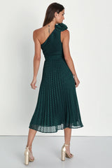 Special Charm Teal Pleated Swiss Dot One-Shoulder Midi Dress