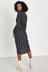 Seasonal Spirit Navy Blue Plaid Ruched Long Sleeve Midi Dress