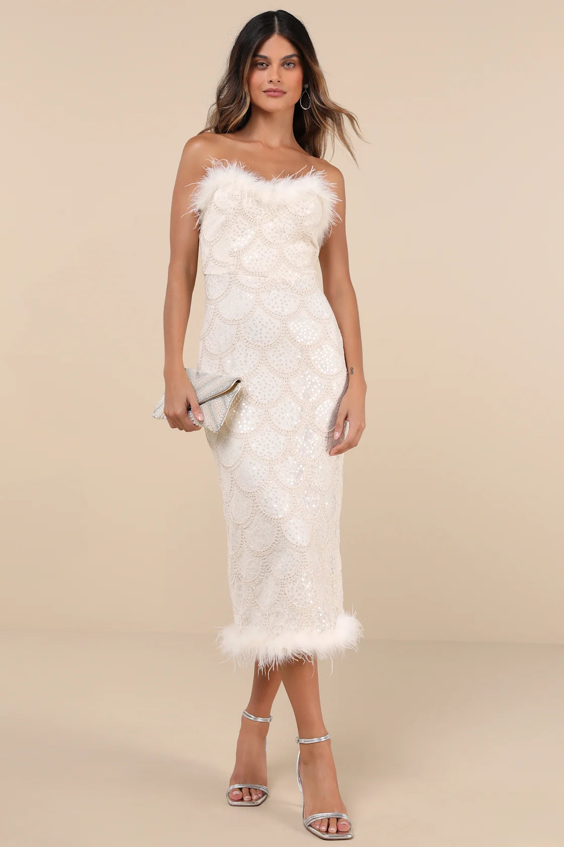 Uniquely Confident Cream Lace Feather Strapless Midi Dress
