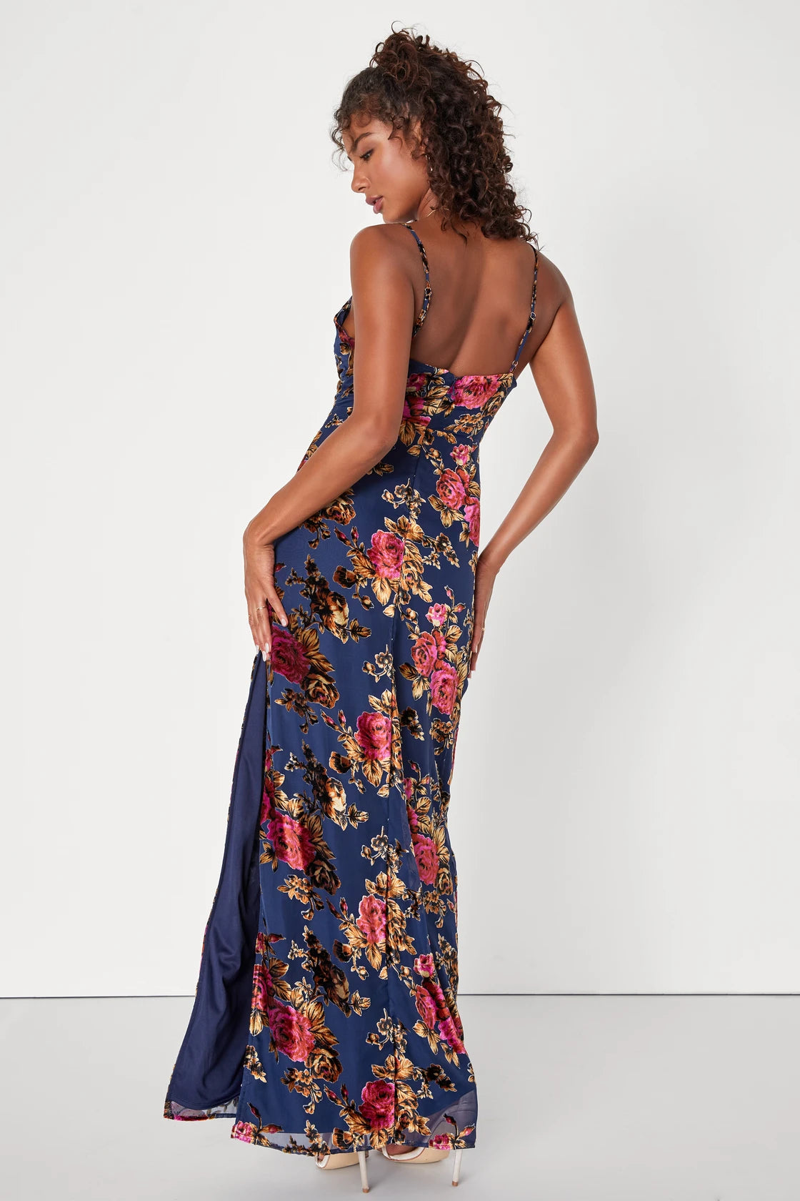 Chic Romantic Black Burnout Velvet Floral Cowl Neck Dress