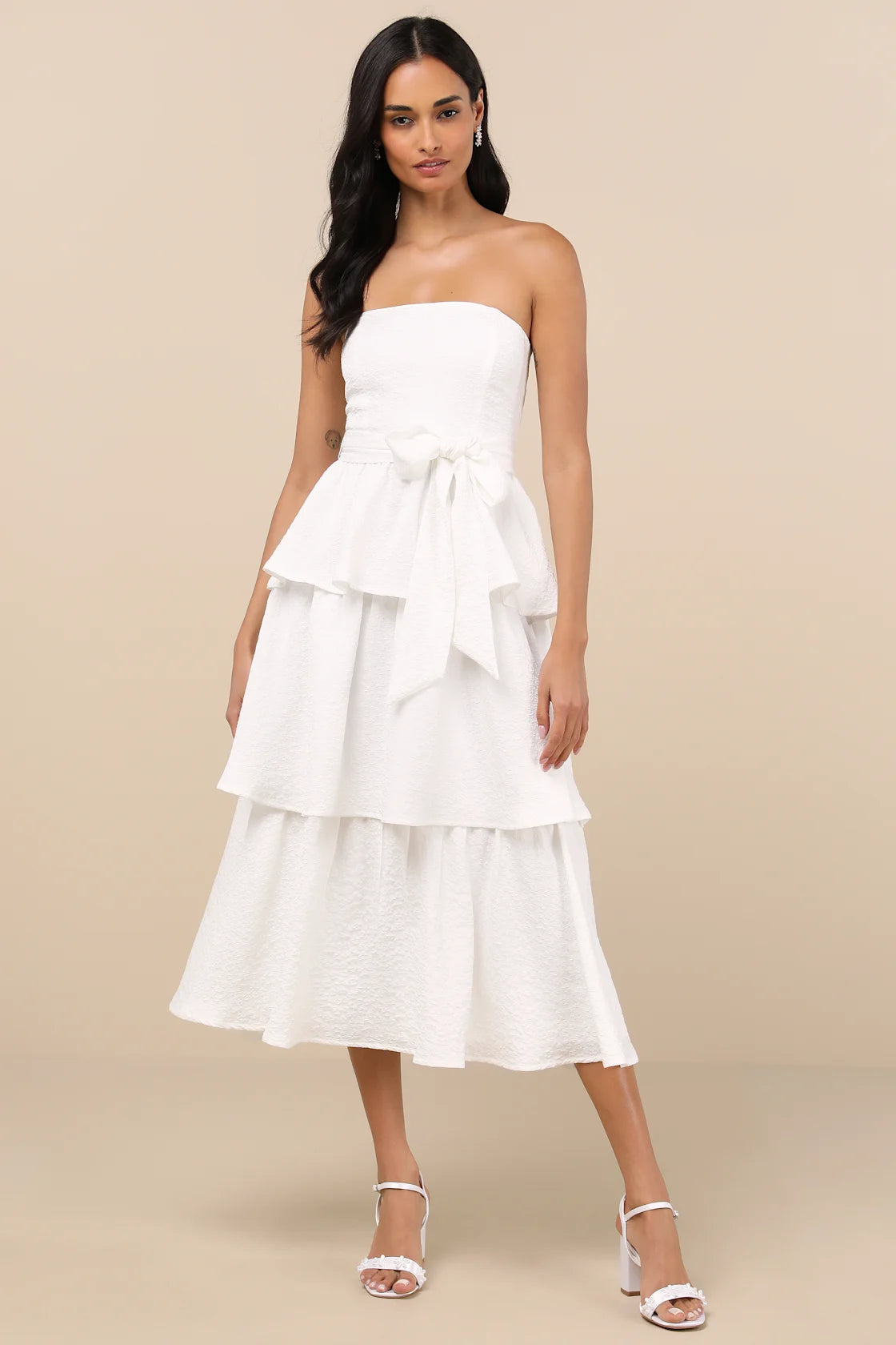Truly Marvelous White Jacquard Strapless Tiered Midi Dress