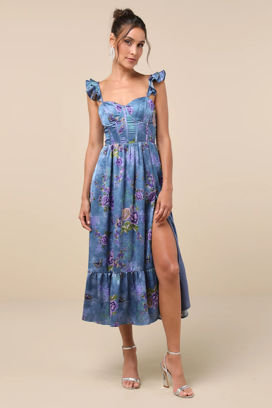 Sweet Like Sangria Purple Floral Ruffled Bustier Midi Dress