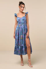 Sweet Like Sangria Purple Floral Ruffled Bustier Midi Dress