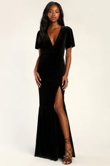 Elegant Evenings Navy Velvet Flutter Sleeve Trumpet Maxi Dress