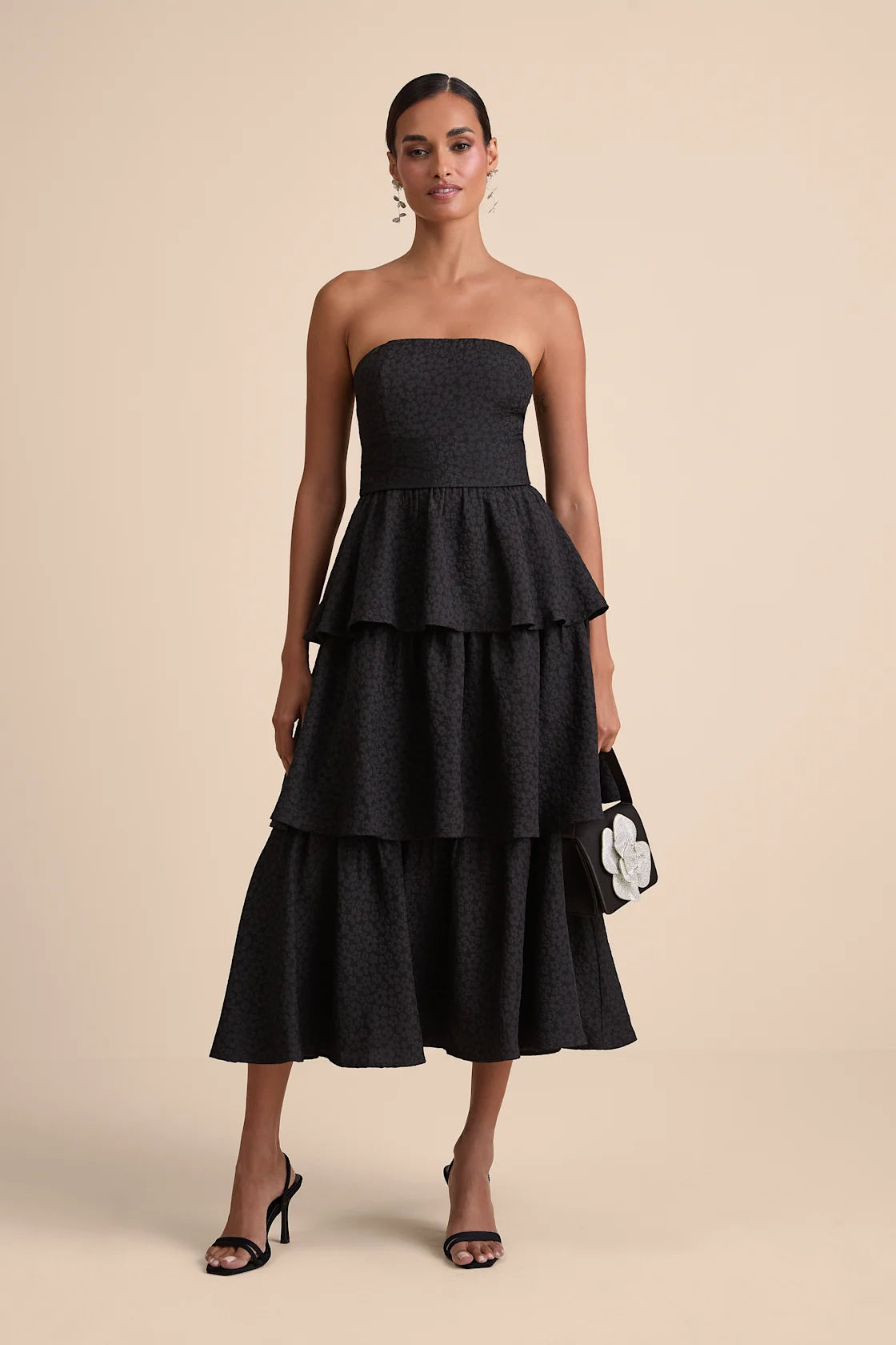 Truly Marvelous White Jacquard Strapless Tiered Midi Dress