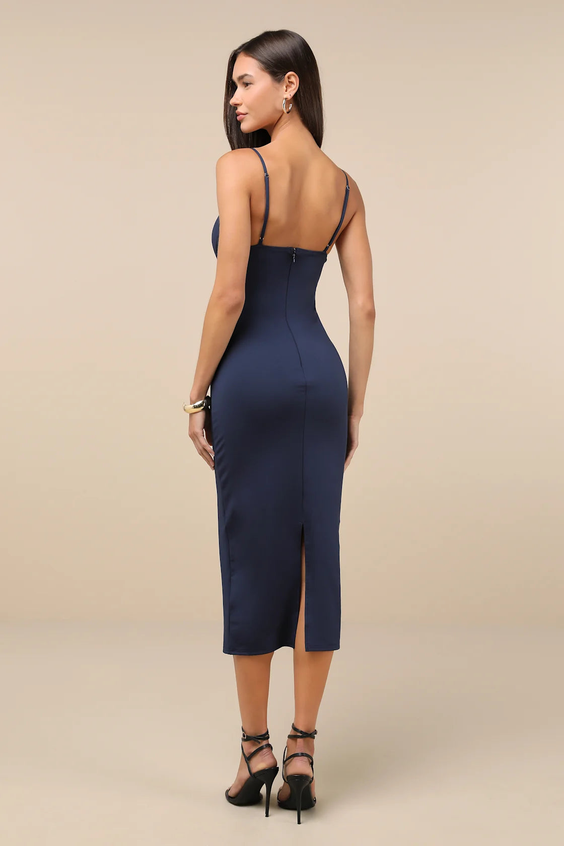 Sophisticated Soiree Navy Blue Bustier Midi Bodycon Dress