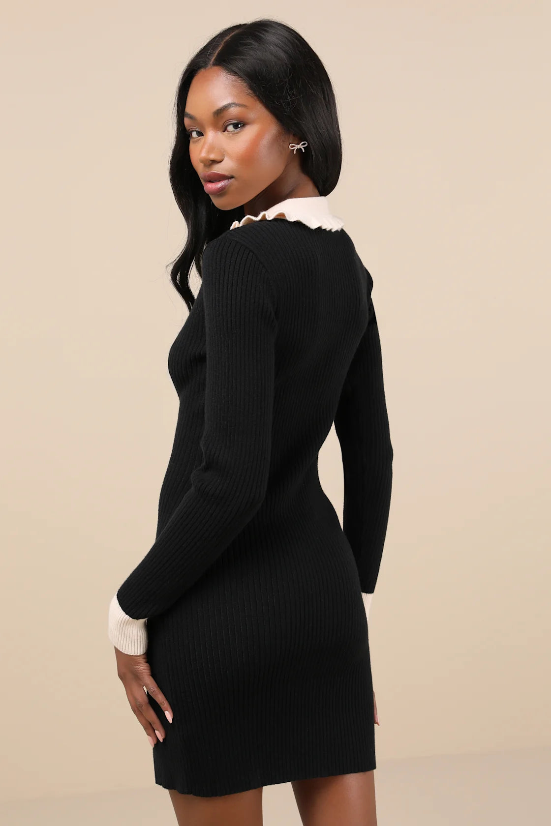 Adorable Silhouette Black and Beige Collared Mini Sweater Dress