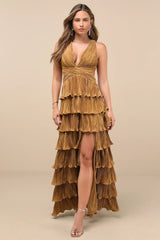 Beauty Icon Gold Satin Pleated Tiered Lace-Up Maxi Dress