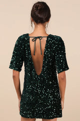 Marca Emerald Green Sequin Tie-Back Short Sleeve Shift Dress