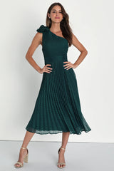 Special Charm Teal Pleated Swiss Dot One-Shoulder Midi Dress