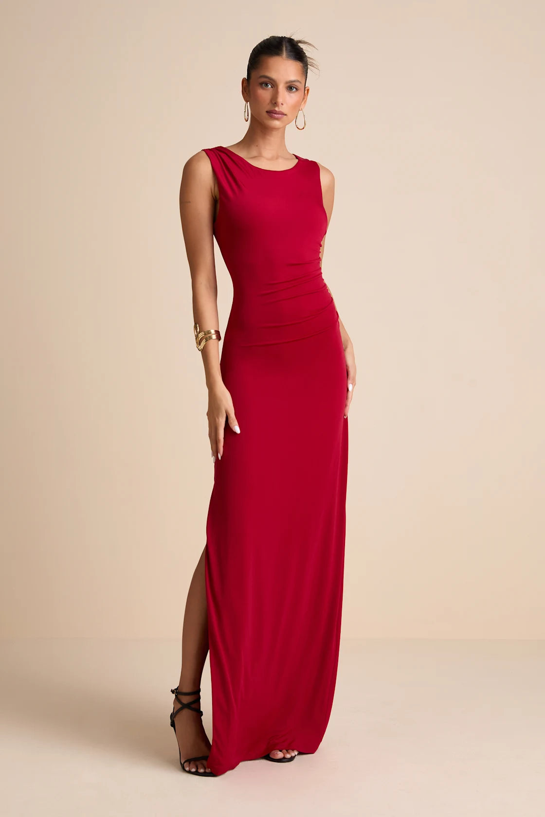 Significant Allure Red Slinky Knit Ruched Maxi Dress