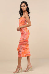 Vania Orange Abstract Mesh Ruched Strapless Midi Dress