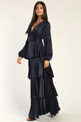 Tier For Love Navy Blue Satin Long Sleeve Tiered Maxi Dress
