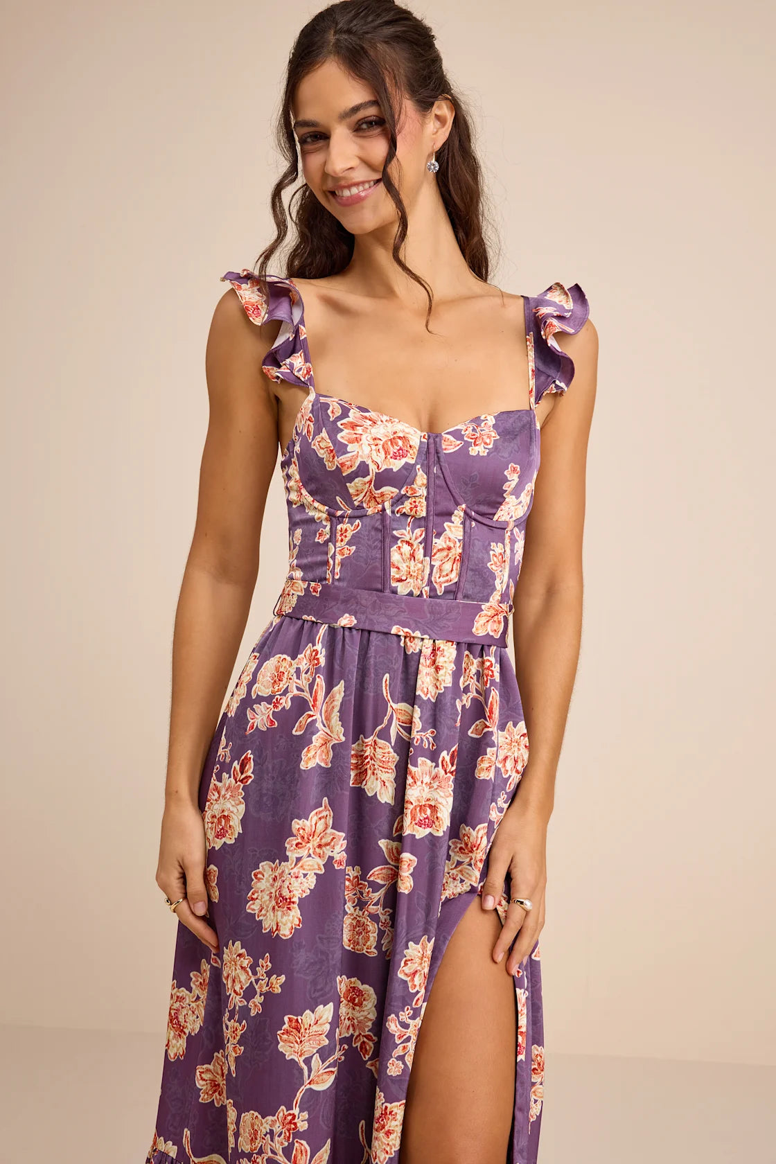 Sweet Like Sangria Purple Floral Ruffled Bustier Midi Dress