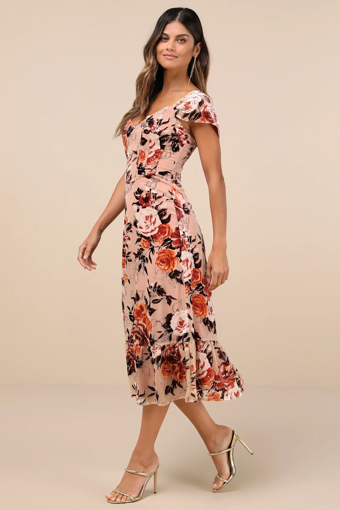 Composed Beauty Blush Pink Burnout Velvet Floral Midi Dress