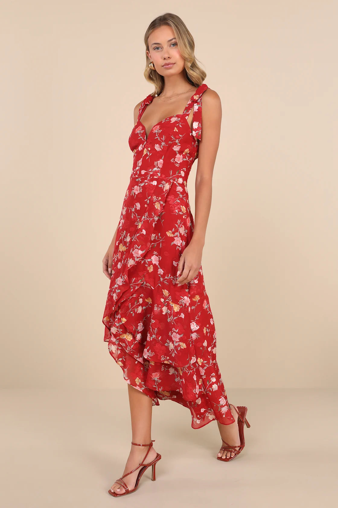 So Elevated Red Floral Jacquard Tie-Strap High-Low Midi Dress